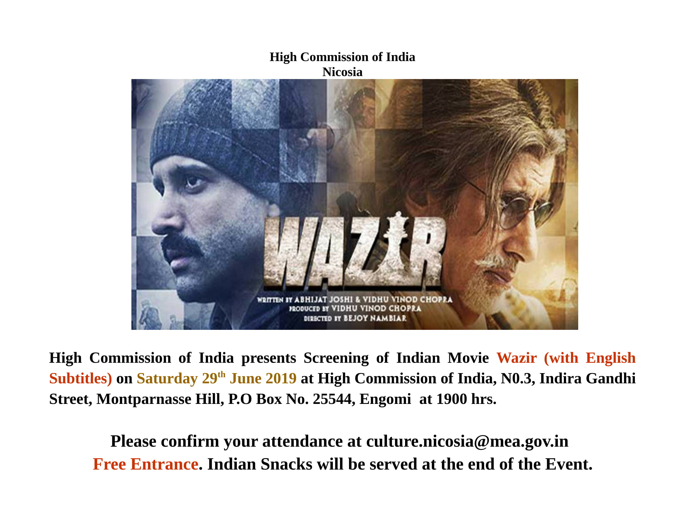 Sitemap Screening Of Indian Movie Wazir On 29th June 2019 June (2019) dvdwap, 1cd (eng). high commission of india